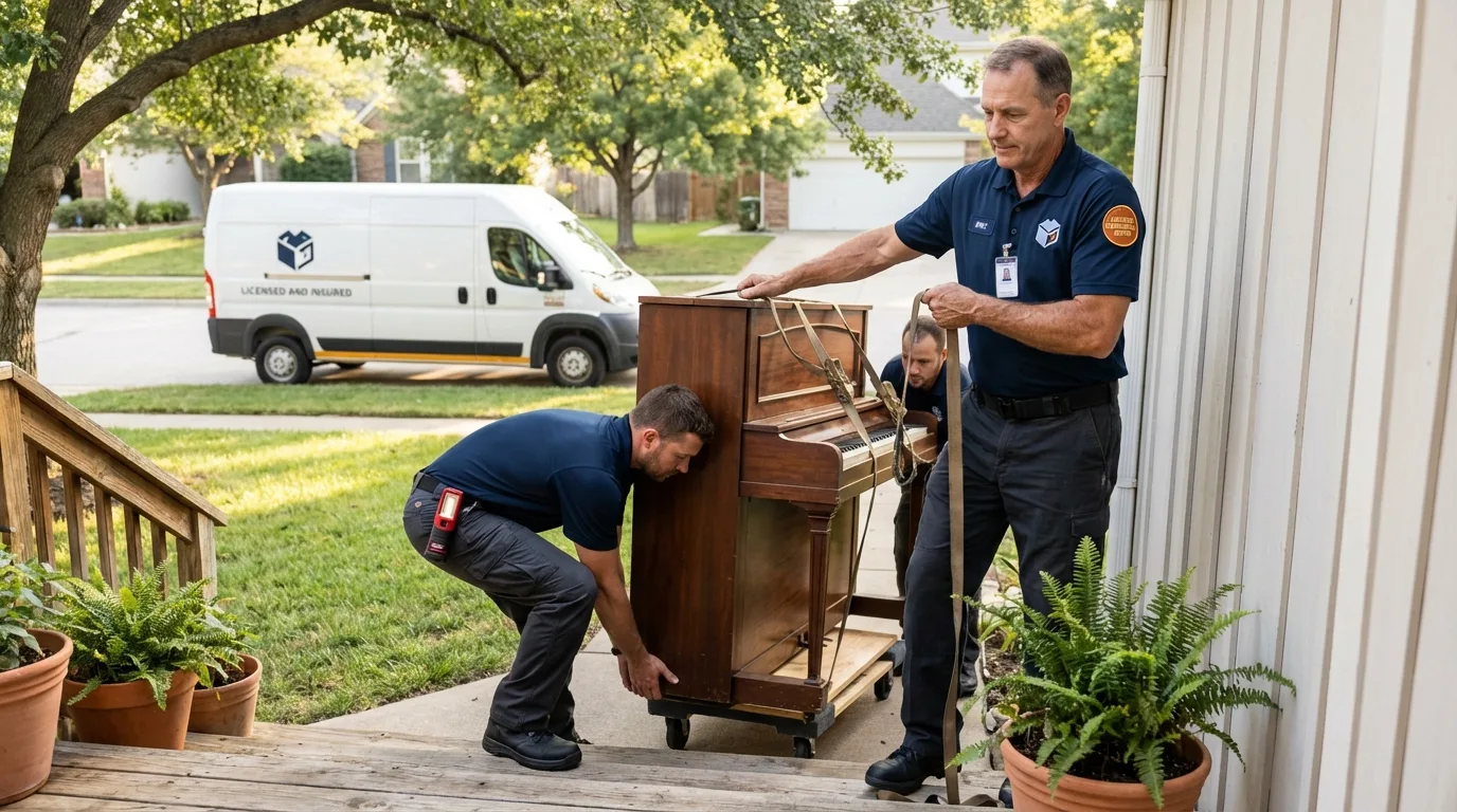 Licensed piano movers securing grand piano in Clinton, MD