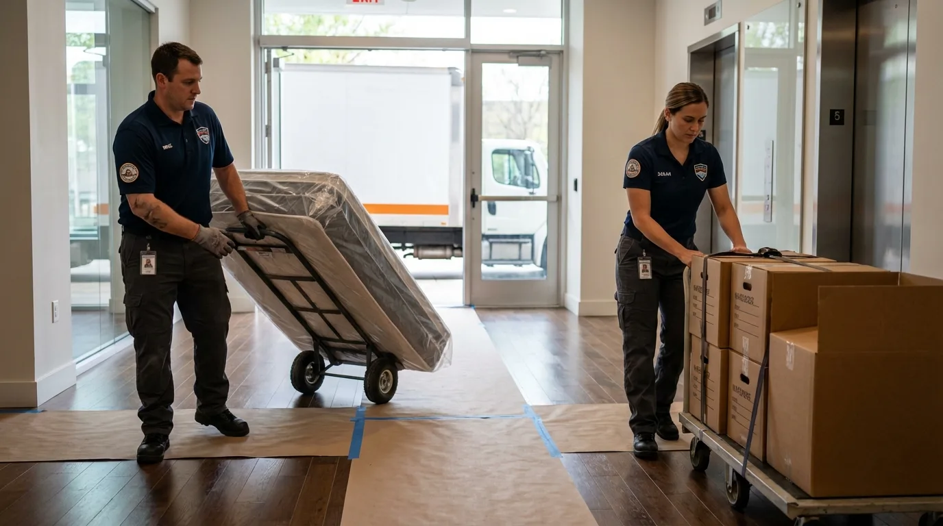 Professional apartment movers loading elevator in Clinton, MD